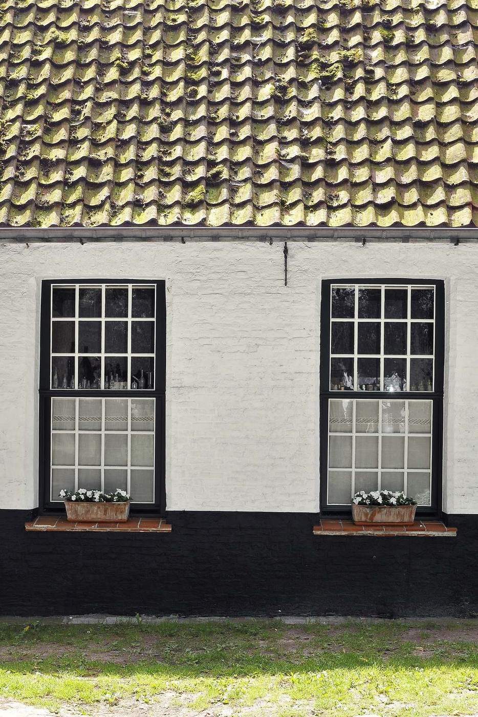 Witgekalkt huis met een pannendak in een begijnhof in Brugge