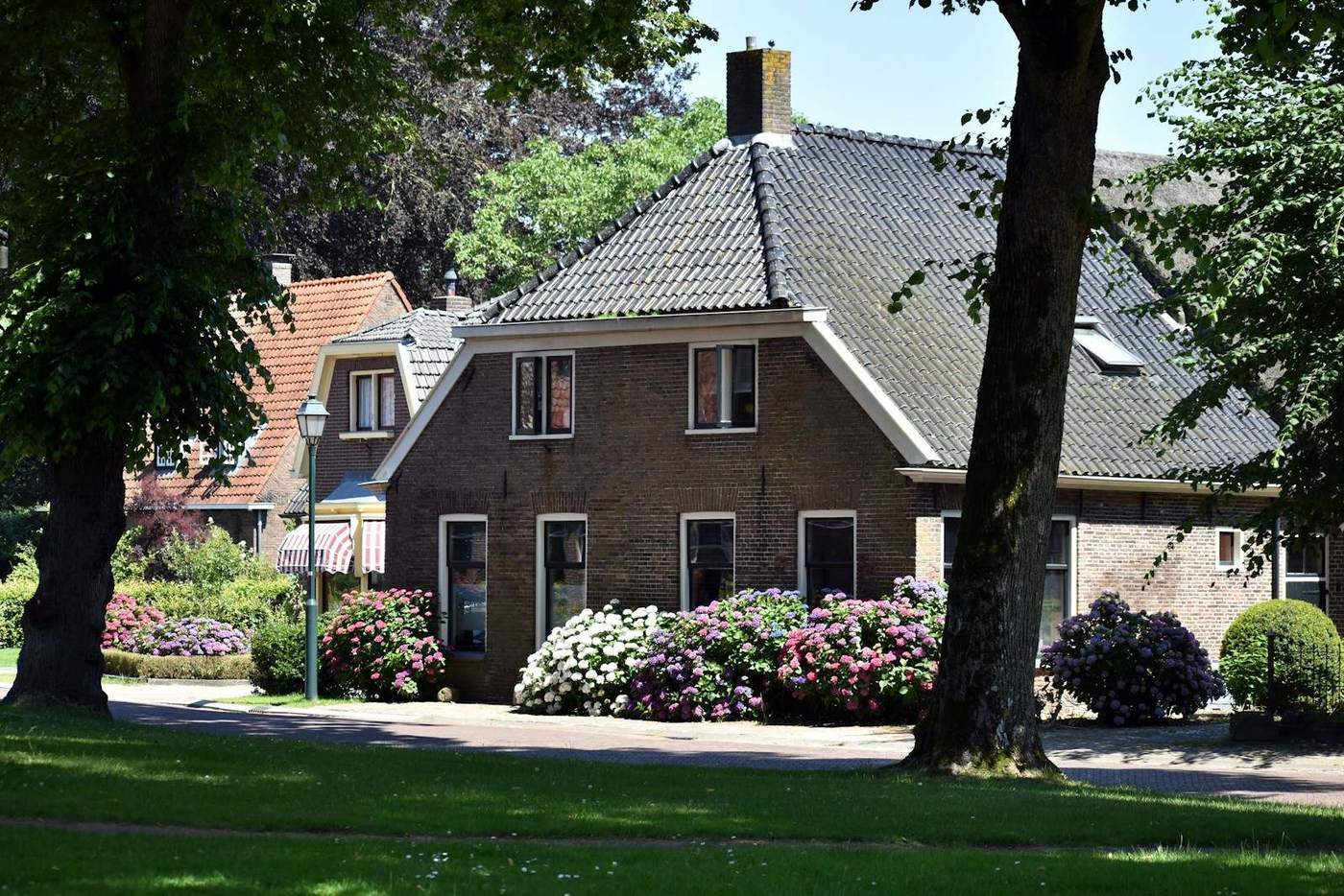 Bakstenen woning met een donker dak tussen bomen
